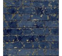 Muriva 3D Effect Navy Blue Gold Metallic Brick Wallpaper Stone Industrial