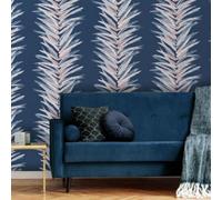 Muriva Dhara Leaf Wallpaper Exotic Palm Leaves Stripes Brush Marks Blue 191503