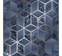Muriva Elixir Cube Blue Silver Wallpaper 166512 - Metallic Geometric Marble