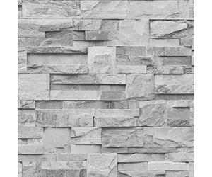 Muriva Grey Realistic Stone Brick Wall Effect Textured Vinyl Wallpaper - Tiles Effect - Suitable for Kitchen, Bedroom, Living Room, Hallway, Any Feature Wall