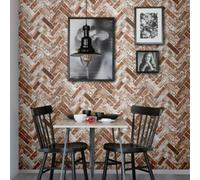 Muriva Industrial Distressed Herringbone Brick Red Textured 3D Effect Wallpaper 174501