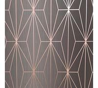 Muriva Kayla Metallic Geometric Diamond Triangles Vinyl Wallpaper Shiny Embossed Heavyweight 10m Roll Charcoal & Rose Gold 703015