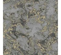 Muriva Metallic Ripple Liquid Marble Swirl Charcoal Grey Gold Shimmer Wallpaper