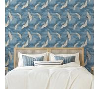 SOPHIE LAURENCE Oriental Japanese Birds Cranes Feature Wallpaper - Thick Heavy Duty Soild Paste The Paper Wallpaper (Full Roll, Blue, White, Silver)