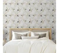 Muriva Oriental Japanese Birds Cranes White Blue Metallic Silver Feature Wallpaper