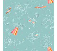 Muriva Space Animals T Rex UFO Planets Stars Galaxy Childrens Bedroom Wallpaper Turquoise M36804