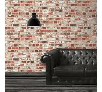 Muriva Stone Brick Wall Rustic Red Grey Grout Thick Textured Realistic Urban Wallpaper