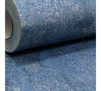 Muriva Travis Texture Navy Blue Metallic Gold Shimmer Plain Distressed Wallpaper