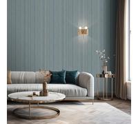 Muriva Venezia Stripe Texture Wallpaper Vinyl Heavyweight Woven Fabric Effect Blue with Gold Glitter Metallic M66501 - Feature Wall Paper Living Room Bedroom