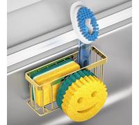 MURLONG Sponge Holder Smiley Face, Sink Caddy for kitchen Sink, Kitchen Organizer Sponge Holder with 2 PCS Suction Cups/1 PCS Adhesive Strips, Designed for Sponge, Soap, Dish brush, Scrubber-Gold