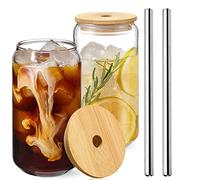 Muross 2pcs Transparent Cups with Bamboo Lids and Stainless Steel Straw 500ml Large Thick Drinking Glasses Set Can Shaped Beer Glasses Dishwasher Safe for Cold Juice Coffee (2 Pcs)