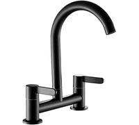 Muross Kitchen Sink Mixer Taps, Brushed Kitchen Tap, Chrome Dual Lever 1/4 Turn Lever Control, 360° Swivel Spout 2 Hole Bridge Tap Cold and Hot Mixer Tap (Black)