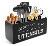 Muross Kitchen Utensils Holder, 4 Compartment Wood Cutlery Holder, Kitchen Cooking Utensil Organizer with Drainage Bottom, Removable Flatware Caddy for Spoons, Forks, Spatulas, Shovels(black)