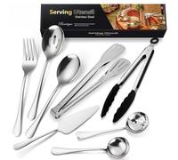 MURRI&MURRDI Cutlery Serving Set of 15 Pieces, Stainless Steel Serving Utensils Include Spoons, Slotted Spoons, Forks, Cake Server and Tongs, Banquets Flatware Serving Kit Silver