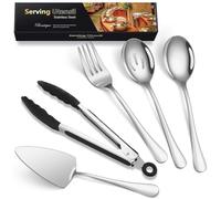 MURRI&MURRDI Cutlery Serving Set of 5 Pieces, Stainless Steel Serving Utensils Include Spoon, Slotted Spoon, Fork, Cake Server and Tongs, Buffet Flatware Serving Set Silver