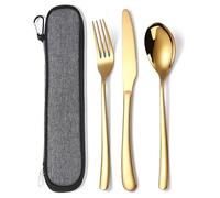 MURRI&MURRDI Stainless Steel Cutlery Set for 1, Reusable Flatware Set with Case, Cutlery Set for Work Stainless Steel Knife Fork Spoon Set 3 Piece (3 Gold)