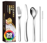 MURRI&MURRDI Stainless Steel Cutlery Set for 10 People, 50 Pieces Knife Fork Spoon Silverware Set with Straw Brush, Flatware Utensils Set for Home Party Restaurant, Dishwasher Safe, Silvery