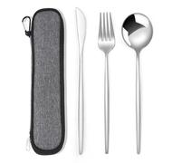 MURRI&MURRDI Travel Knife Fork Spoon Set for 1, Portable Camping Cutlery Set with Case, Single Packed Stainless Steel Lunch Box, Reusable Cutlery Set in Bag for Work Office Picnic,3 Piece Silvery