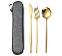 MURRI&MURRDI Travel Lunch Silverware Box for 1 Person, Portable Stainless Steel Cutlery Set with Case, Camping Flatware Set for Office Work, 3 Piece Reusable Knife Fork Spoon, Gold