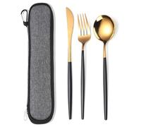 MURRI&MURRDI Travel Reusable Lunch Box for 1 Person, Portable Stainless Steel Cutlery Set with Case, Single Camping Cutlery Set for Office Work Picnic, 3 Piece Knife Fork Spoon in Bag, Black Gold