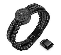 Murtoo Black Leather Bracelet for Men - Silver Chain, Magnetic Clasp - Viking Style - Gift for Him (Black Lava, 8.5'')