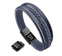 murtoo Bracelet for Man Cowhide Genuine Leather Women Unisex Cuff Wrap Bracelet Brown Black Multi-Layer Magnetic Clasp Rope Wristband (Blue, 8.7'')