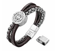 Murtoo Brown Leather Bracelet for Men - Silver Chain, Magnetic Clasp - Gift for Him - Viking Style (Brown Silver Chain, 9'')