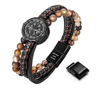Murtoo Brown Leather Bracelet for Men - Silver Chain with Magnetic Clasp - Viking Style - Brown Agate, 8.5''