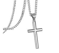 murtoo Cross Necklace for Men 925 Silver Cross Cuban Chain Stainless Steel Necklace for Mens Silver Chain Mens Gifts for Him Father Silver, 24''+2''