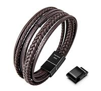 Murtoo Men's Adjustable Premium Leather Bracelet in Black/Brown, Stainless Steel Magnetic Clasp, Multi-Layer Braided Genuine Leather Bracelet Gift Idea (Brown Style C, 22cm)