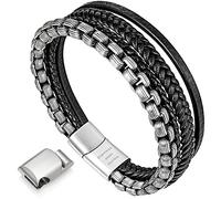 Murtoo Men's Leather Bracelet - Brown/Black, 316L Stainless Steel Chain, 7.5''