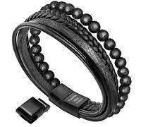 Murtoo Men's Leather Bracelet with Lava Onyx Stone - Black Brown, Magnetic Clasp (Braided Black, 9.2'')