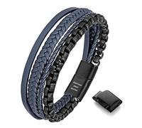 Murtoo Men's Leather Bracelet with Stainless Steel Chain, Black Blue, 8.5''