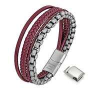 Murtoo Men's Leather Bracelet with Stainless Steel Chain - Brown/Black (Silver Red, 9.2'')