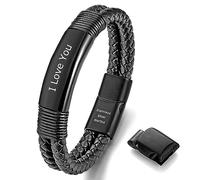 murtoo Personalized Bracelet for Men Leather Bracelet Black Name/Date Engraved Stainless Steel Magnetic Clasp Personalized Gift for Men Father Husband Boyfriend (1 Ring)