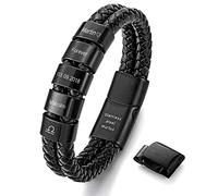 murtoo Personalized Bracelet for Men Leather Bracelet Black Name/Date Engraved Stainless Steel Magnetic Clasp Personalized Gift for Men Father Husband Boyfriend (5 Rings)