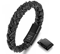 murtoo Viking Bracelets for Men Braided Leather Bracelets Black Chains Braclet Mens Bracelet Magnetic Clasp Bracelet (Black, 7.5 Inch)