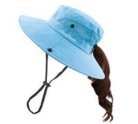 Muryobao Women's Ponytail Sun Hat UV Protection Foldable Mesh Wide Brim Beach Fishing Hat, Pure Sky Blue, One Size