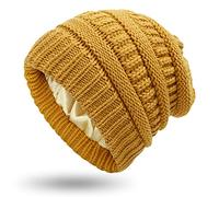 Muryobao Womens Winter Warm Knitted Hat Satin Silk Lined Cable Knit Beanie Chunky Slouchy Skull Cap, Yellow, One Size