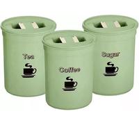 MUSAN PRODUCTS 3 Piece Tea Coffee Sugar Canister Set, Plastic Round Containers, Tin Storage Jars for Office, Home - Blue, Green, Pink (Green)