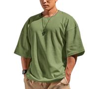 Muscle Alive Men's Basic Short Sleeve Waffle Sweatshirt Loose Fit Workout Pullover Crewneck Shirt Green M