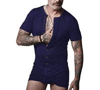 Muscle Alive Mens Short Sleeve Onesie Henley Jumpsuit Stretchy Cotton Ramper Dark Blue S