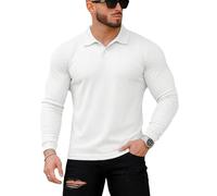 Muscle Cmdr Men’s Slim Fit Muscle Polo Shirt Long Sleeve Stretch Casual Golf Athletic Top (White L)