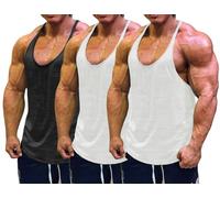 Muscle Cmdr Men's 3 Pack Stringer Tank Tops Bodybuilding Y-Back T-Shirts Gym Fitness Workout Training Running T-Shirts Athletic Quick Dry Top (2White&1Black 2XL)
