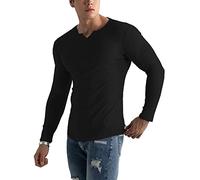 Muscle Cmdr Men's Henley Long Sleeve T-Shirt Slim Fit V Neck Shirts Stretch Tee Casual Underwear Athletic Medium Weight Black L