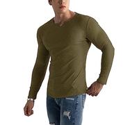 Muscle Cmdr Men's Henley Long Sleeve T-Shirt Slim Fit V Neck Shirts Stretch Tee Casual Underwear Athletic Medium Weight Brown S