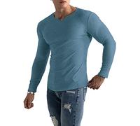 Muscle Cmdr Men's Henley Long Sleeve T-Shirt Slim Fit V Neck Shirts Stretch Tee Casual Underwear Athletic Medium Weight S A-Blue
