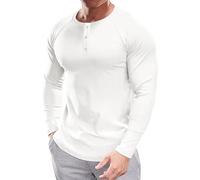 Muscle Cmdr Men's Slim Fit Henley Shirt Long Business Sleeve Casual 3 Metal Buton Casual Stylish T-Shirt White/S