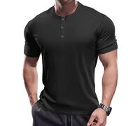 Muscle Cmdr Men's Slim Fit Henley Shirt Short Business Sleeve Casual 3 Metal Buton Casual Stylish T-Shirt Black/L