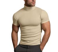Muscle Fit Shirts for Men Turtle Neck Slim Fit Short Sleeve Casual Tshirts Workout Summer Gym Training Lightweight Undershirt Big and Tall Quick Dry Sports Tees Beige